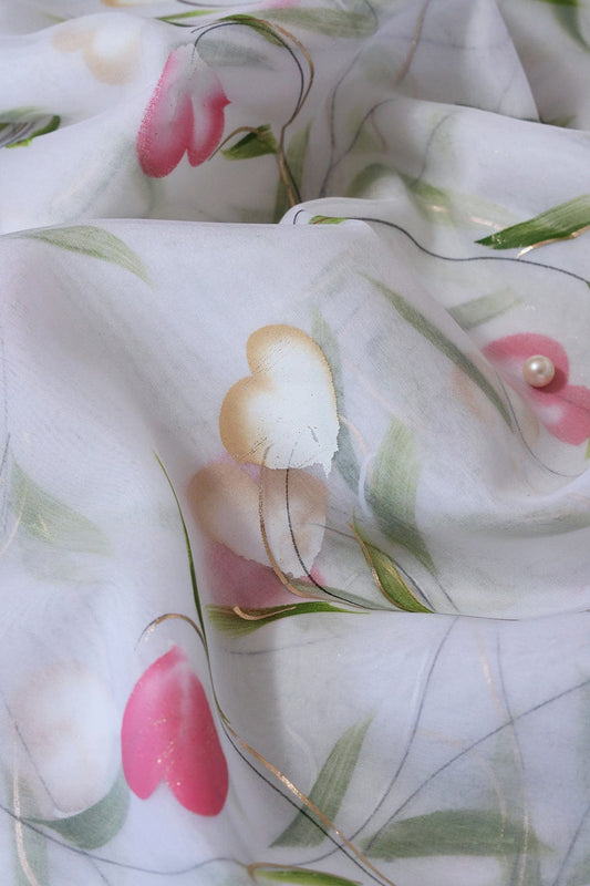 AIzaSyBcstauz-XMPRhEY21AUzeo032pxrXB5Ug - Beautiful Floral Hand Painted With Foil Work On White Organza Fabric