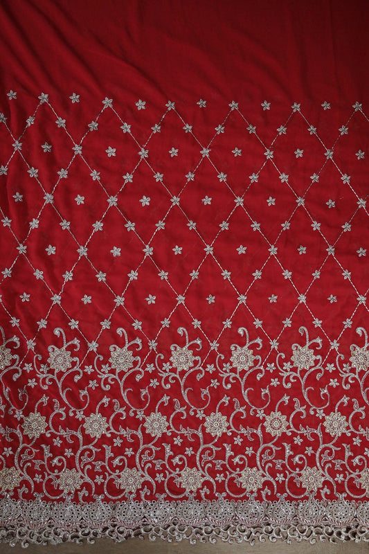 AIzaSyBcstauz-XMPRhEY21AUzeo032pxrXB5Ug - Big Width''56'' Gold And Silver Zari Floral Embroidery Work On Red Georgette Fabric With Border