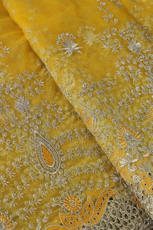 AIzaSyBcstauz-XMPRhEY21AUzeo032pxrXB5Ug - Big Width''56'' Yellow Thread With Zari Leafy Embroidery Work On Yellow Soft Net Fabric With Border