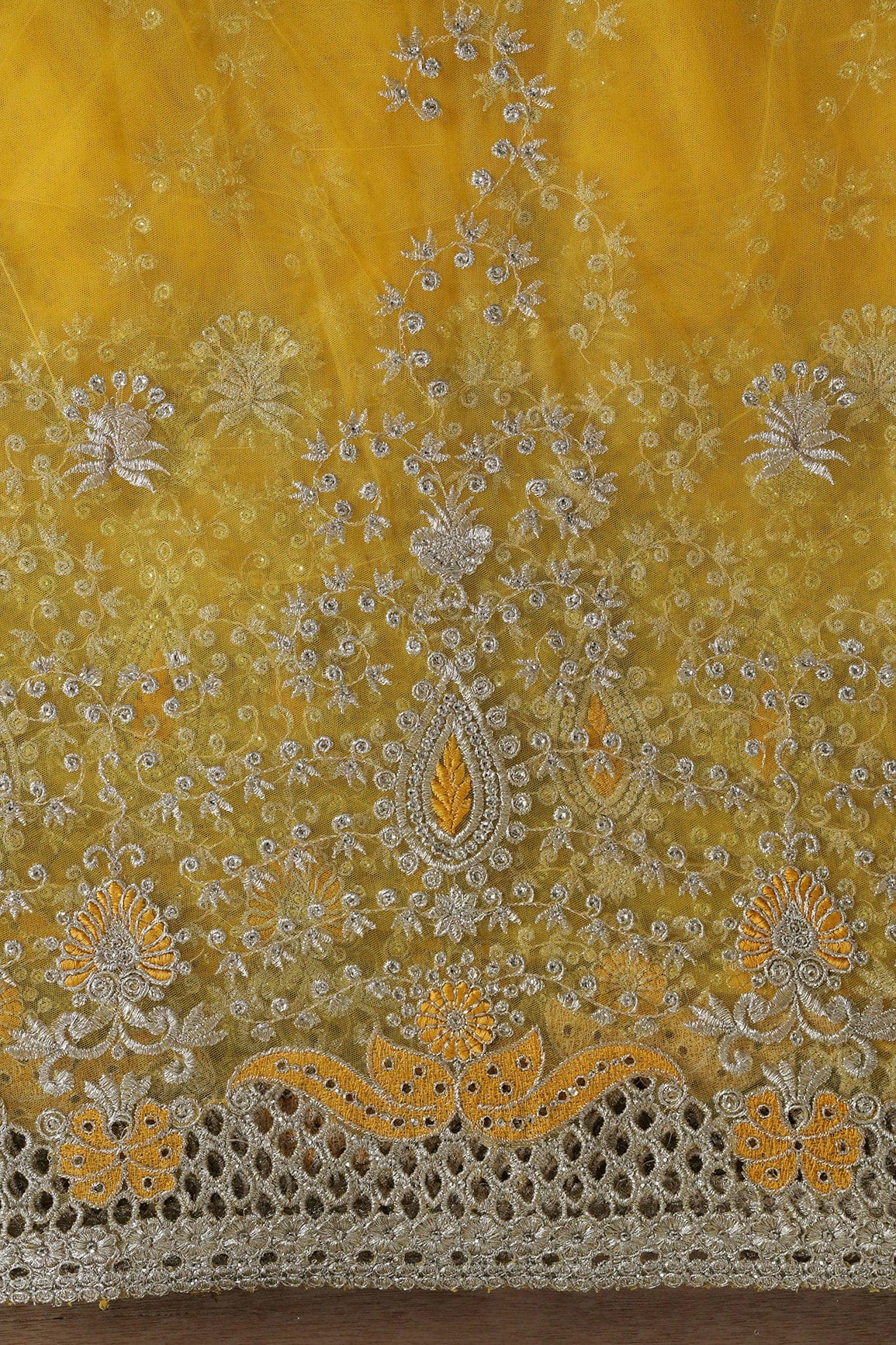 AIzaSyBcstauz-XMPRhEY21AUzeo032pxrXB5Ug - Big Width''56'' Yellow Thread With Zari Leafy Embroidery Work On Yellow Soft Net Fabric With Border