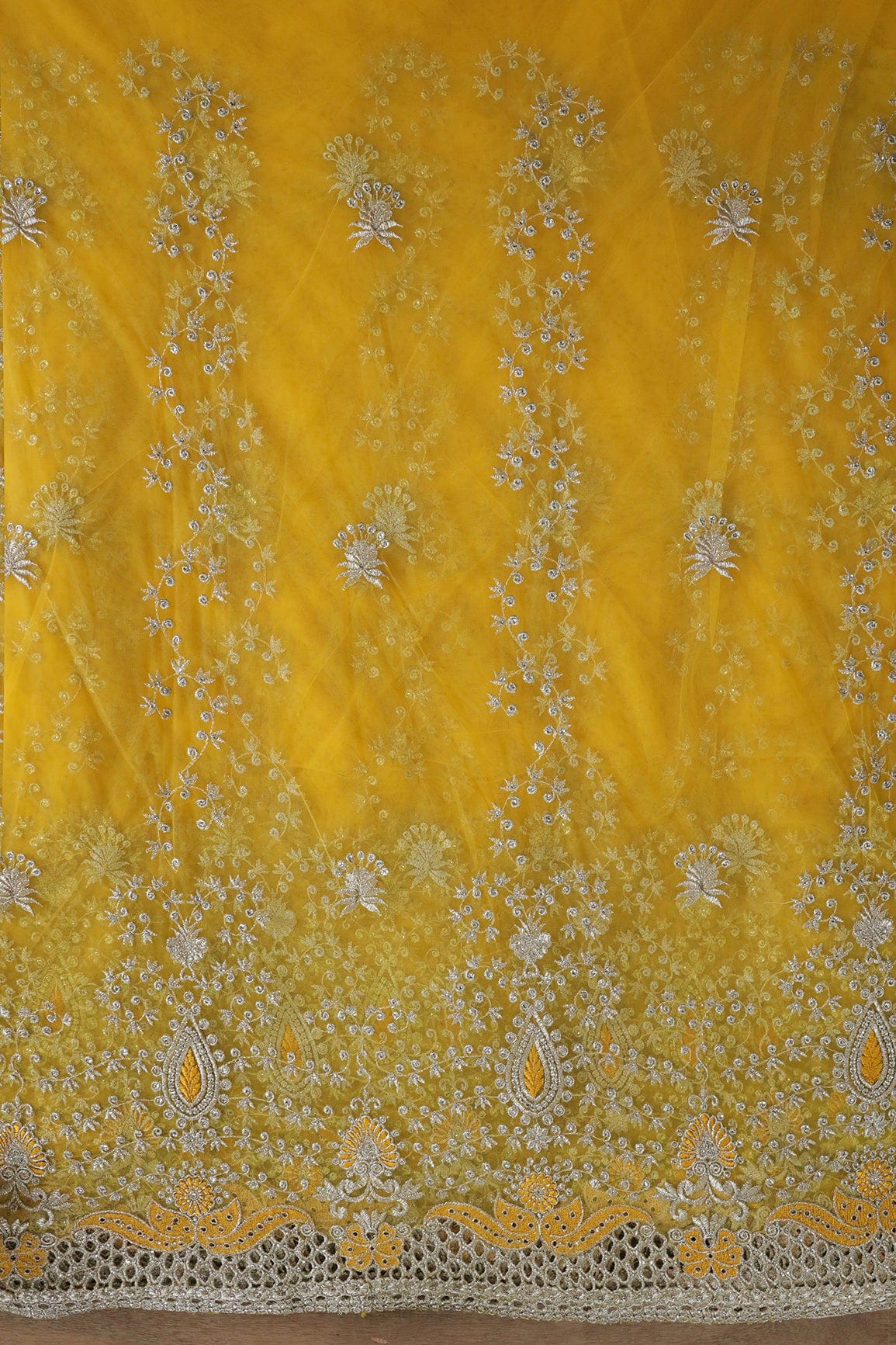 AIzaSyBcstauz-XMPRhEY21AUzeo032pxrXB5Ug - Big Width''56'' Yellow Thread With Zari Leafy Embroidery Work On Yellow Soft Net Fabric With Border