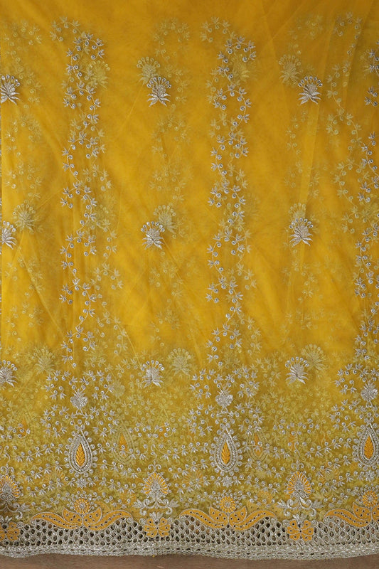 AIzaSyBcstauz-XMPRhEY21AUzeo032pxrXB5Ug - Big Width''56'' Yellow Thread With Zari Leafy Embroidery Work On Yellow Soft Net Fabric With Border