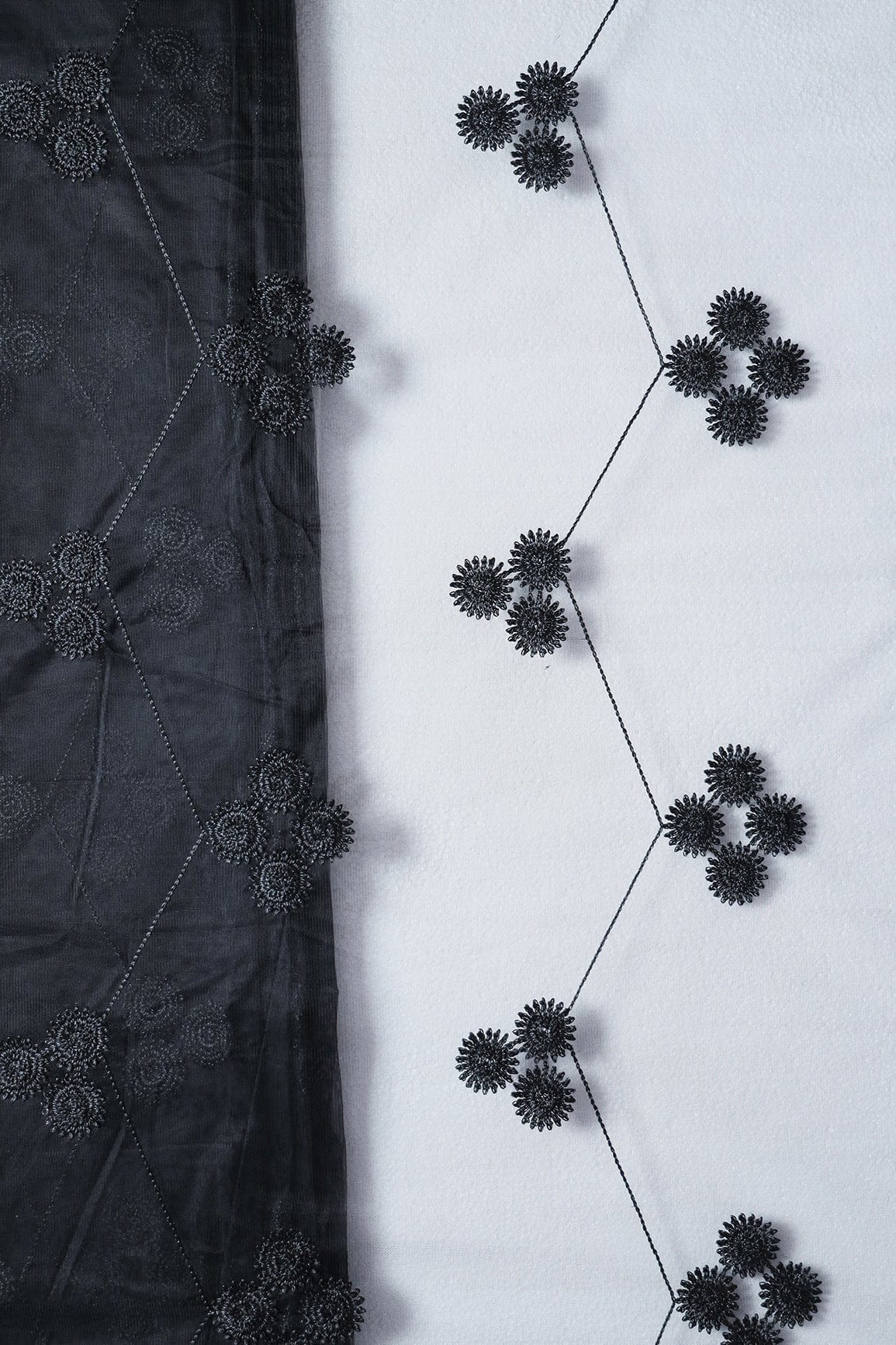 AIzaSyBcstauz-XMPRhEY21AUzeo032pxrXB5Ug - Black Color Thread Geometric Embroidery Work On Black Soft Net Fabric