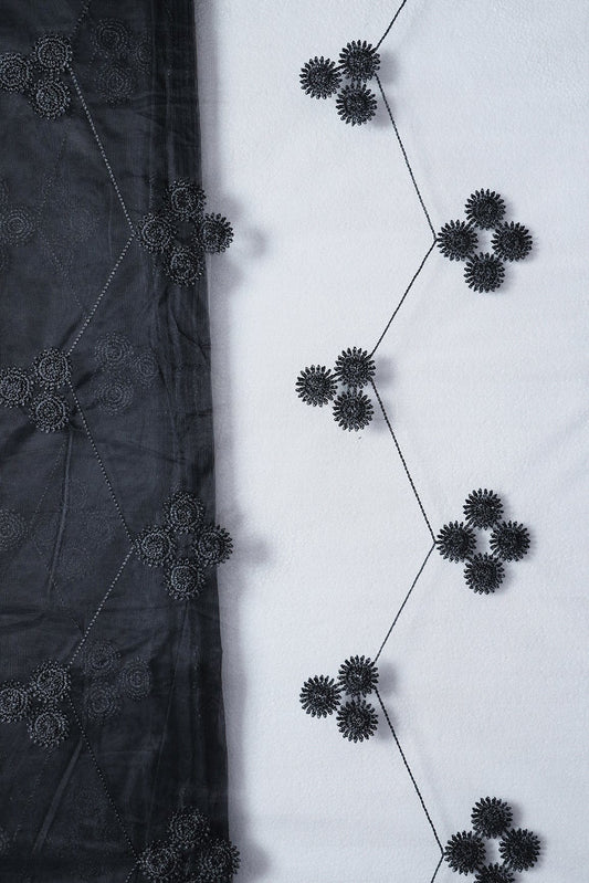 AIzaSyBcstauz-XMPRhEY21AUzeo032pxrXB5Ug - Black Color Thread Geometric Embroidery Work On Black Soft Net Fabric