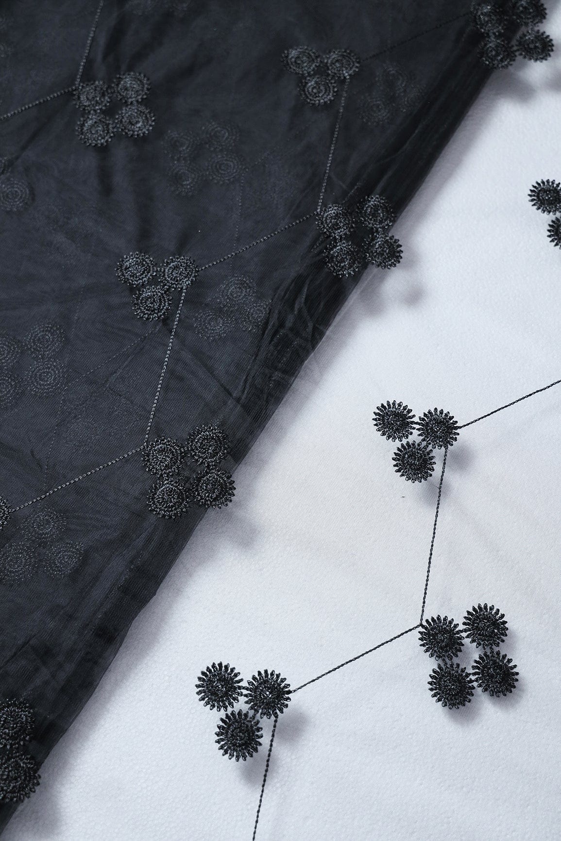 AIzaSyBcstauz-XMPRhEY21AUzeo032pxrXB5Ug - Black Color Thread Geometric Embroidery Work On Black Soft Net Fabric