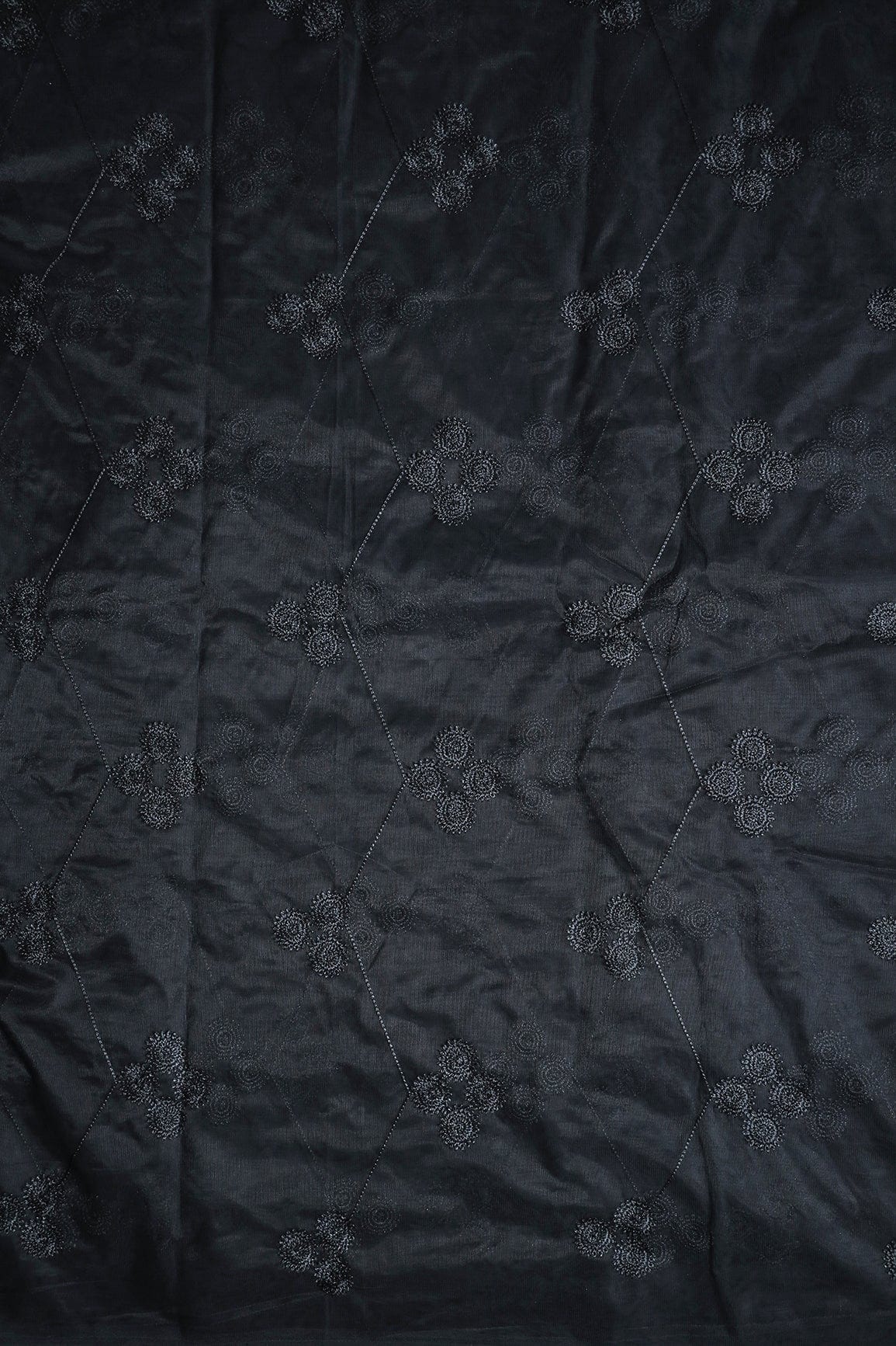 AIzaSyBcstauz-XMPRhEY21AUzeo032pxrXB5Ug - Black Color Thread Geometric Embroidery Work On Black Soft Net Fabric