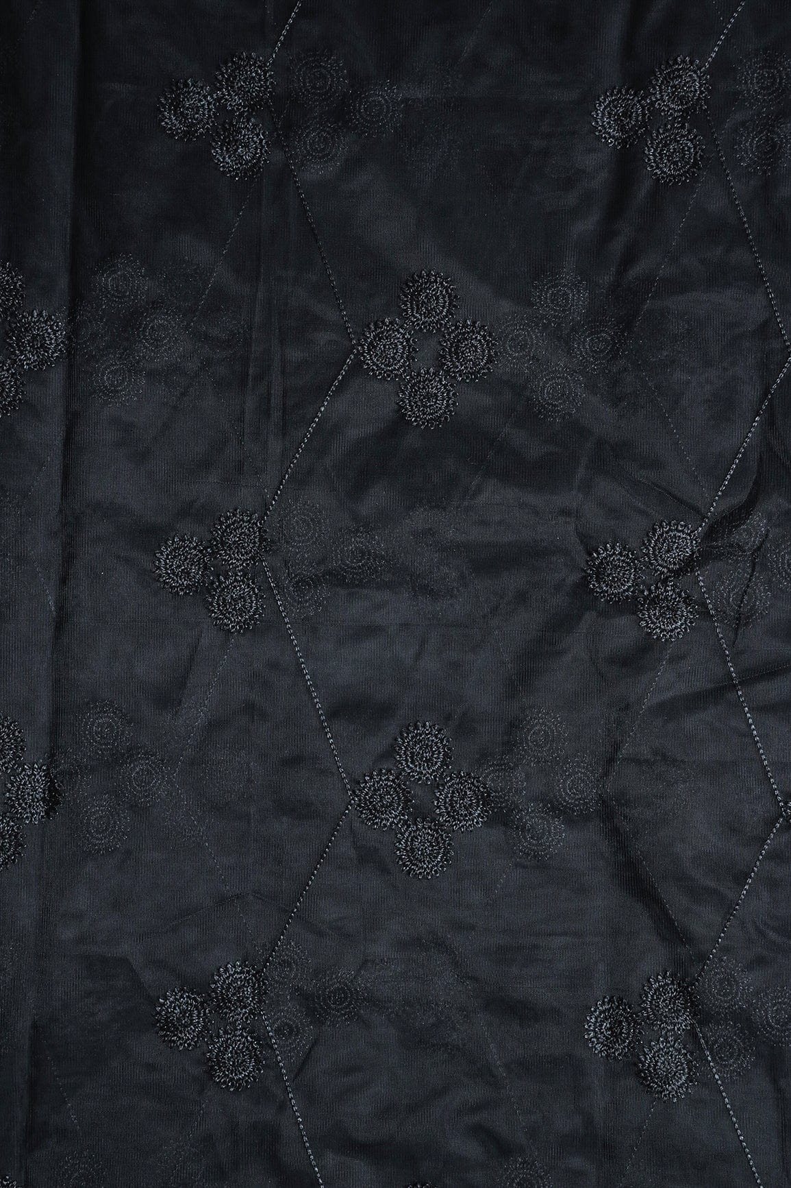 AIzaSyBcstauz-XMPRhEY21AUzeo032pxrXB5Ug - Black Color Thread Geometric Embroidery Work On Black Soft Net Fabric
