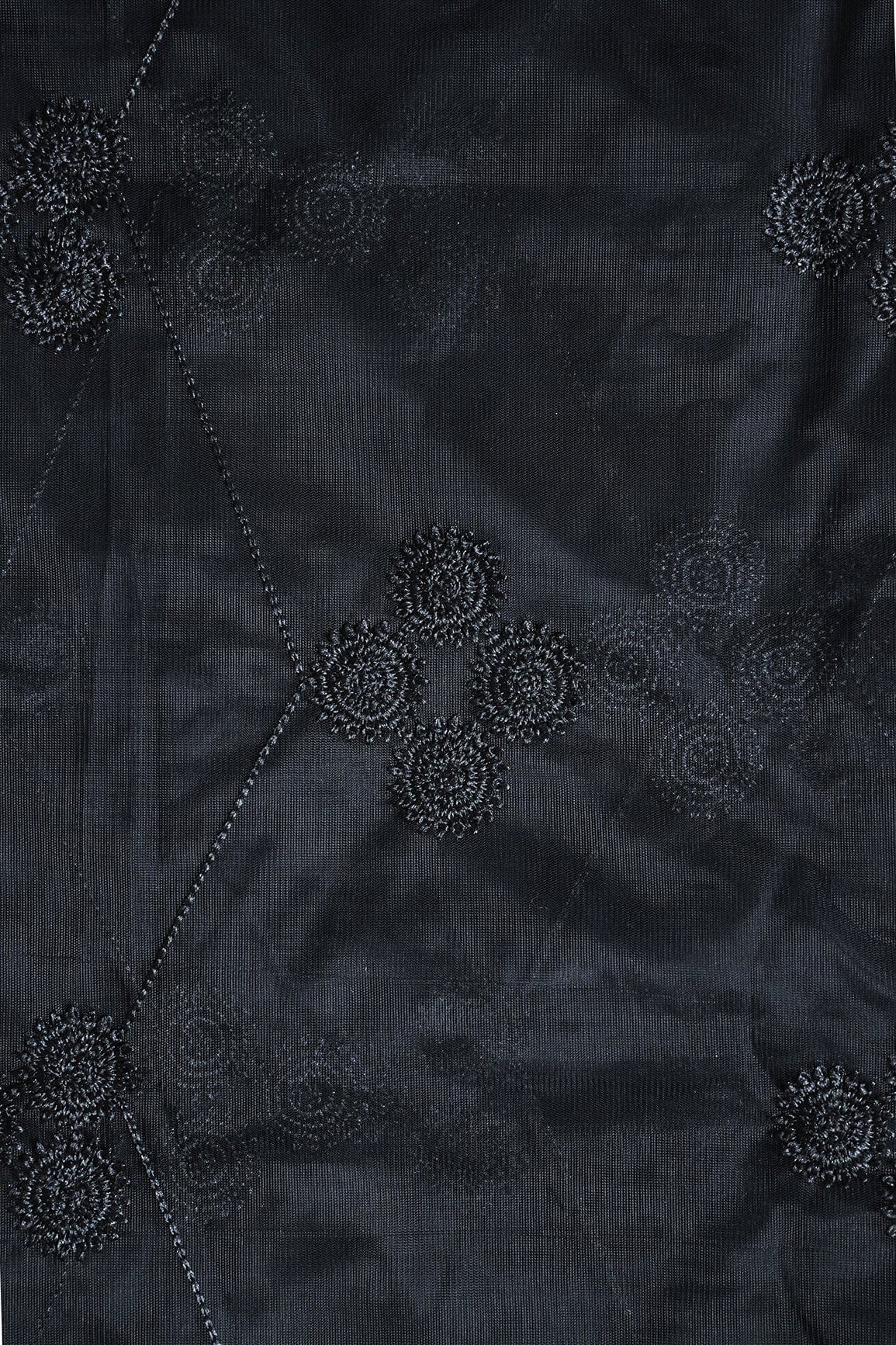 AIzaSyBcstauz-XMPRhEY21AUzeo032pxrXB5Ug - Black Color Thread Geometric Embroidery Work On Black Soft Net Fabric