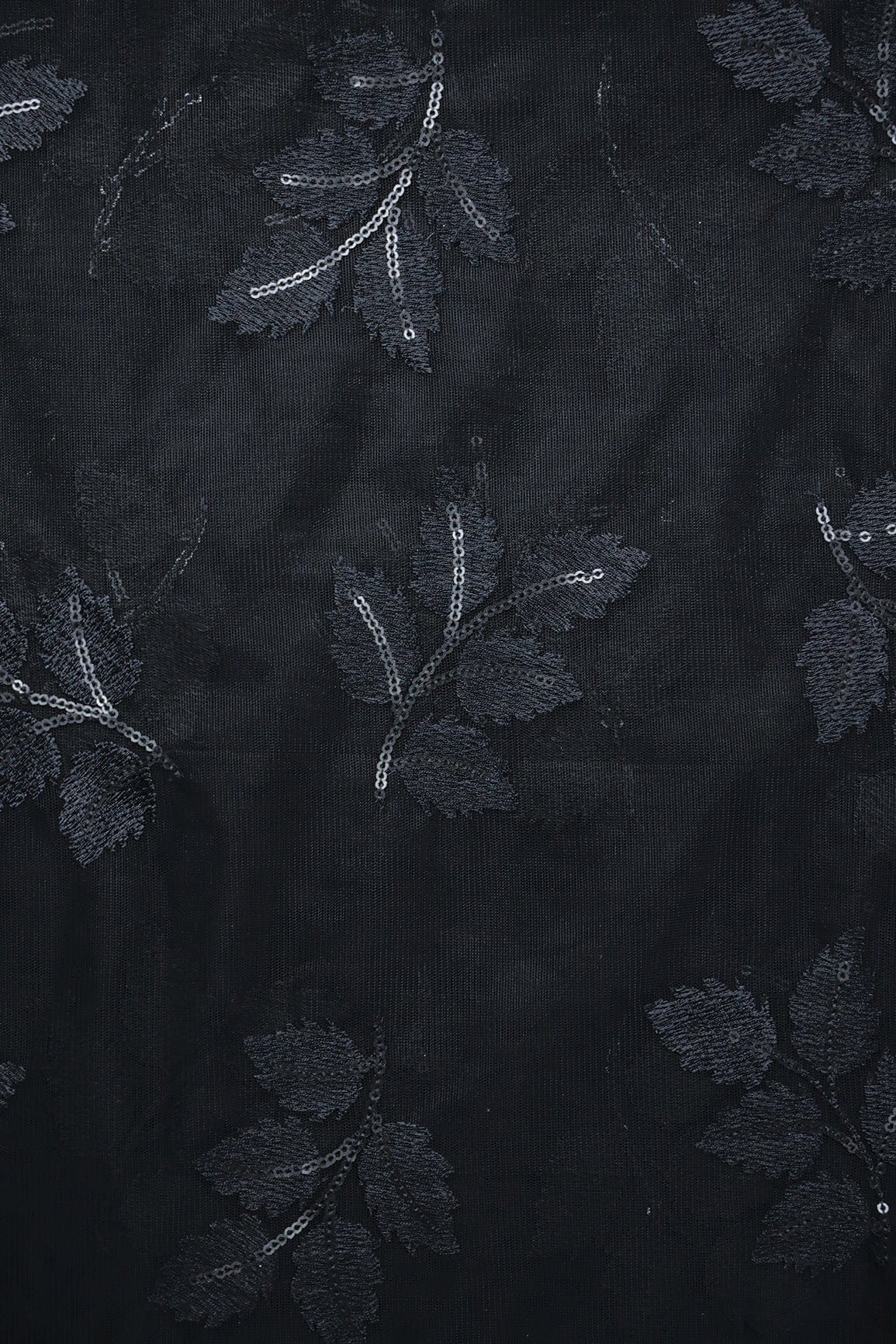 AIzaSyBcstauz-XMPRhEY21AUzeo032pxrXB5Ug - Black Thread With Sequins Leafy Embroidery Work On Black Soft Net Fabric