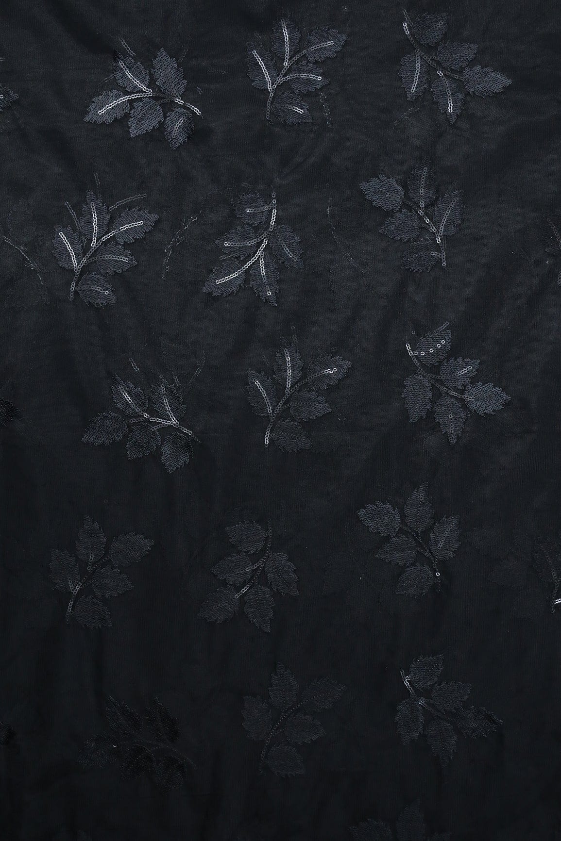 AIzaSyBcstauz-XMPRhEY21AUzeo032pxrXB5Ug - Black Thread With Sequins Leafy Embroidery Work On Black Soft Net Fabric