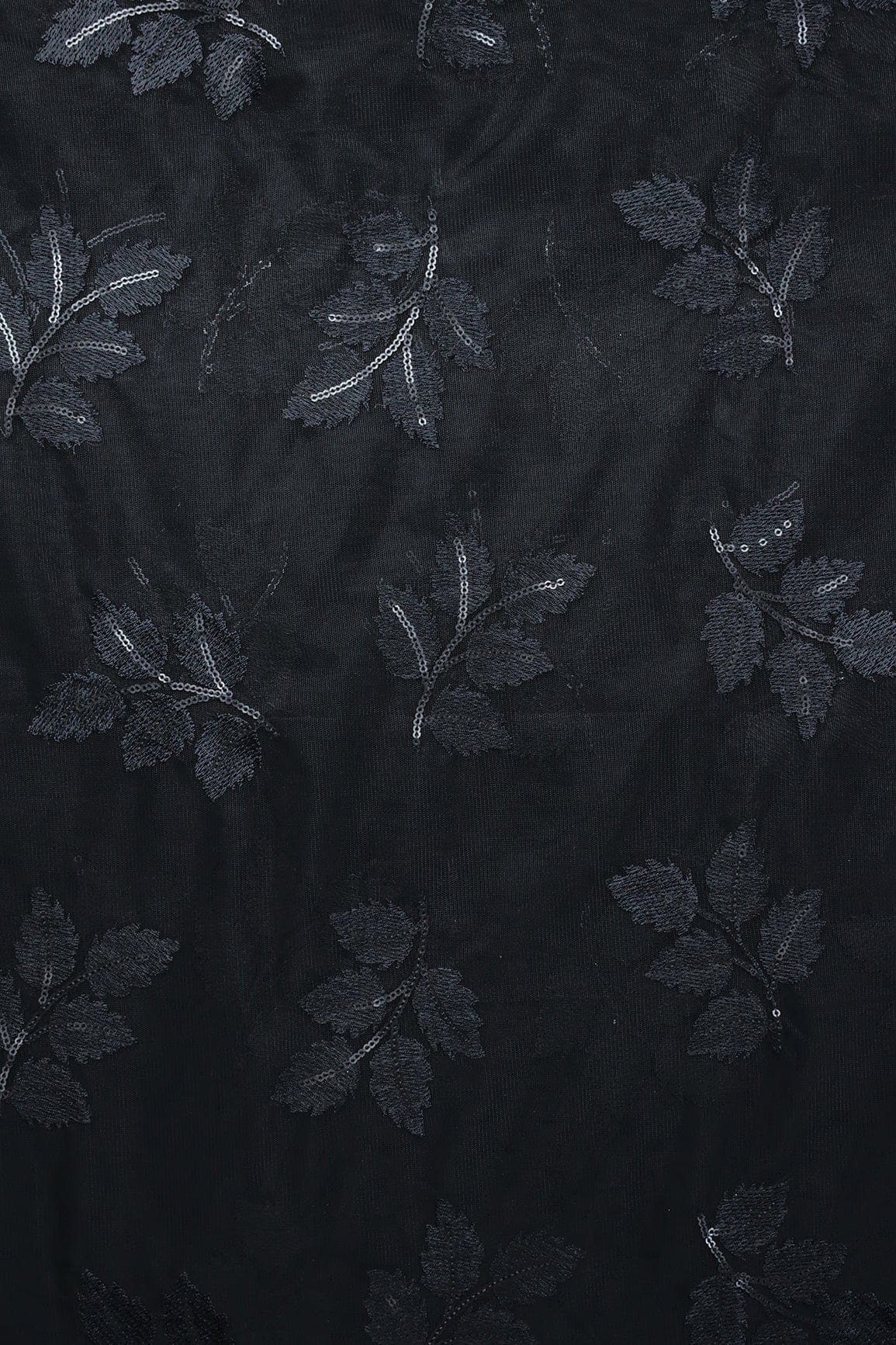 AIzaSyBcstauz-XMPRhEY21AUzeo032pxrXB5Ug - Black Thread With Sequins Leafy Embroidery Work On Black Soft Net Fabric