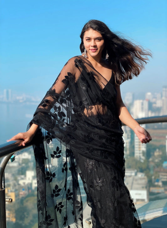 AIzaSyBcstauz-XMPRhEY21AUzeo032pxrXB5Ug - Black Thread With Sequins Leafy Embroidery Work On Black Soft Net Fabric