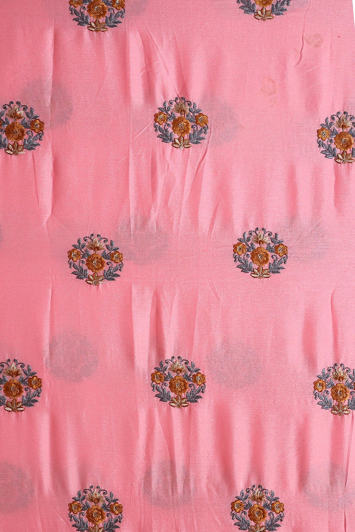 AIzaSyBcstauz-XMPRhEY21AUzeo032pxrXB5Ug - Brown And Grey Thread With Gold Sequins Floral Embroidery Work On Pink Chinnon Chiffon Fabric