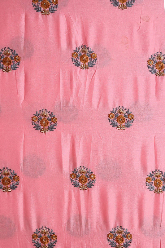 AIzaSyBcstauz-XMPRhEY21AUzeo032pxrXB5Ug - Brown And Grey Thread With Gold Sequins Floral Embroidery Work On Pink Chinnon Chiffon Fabric