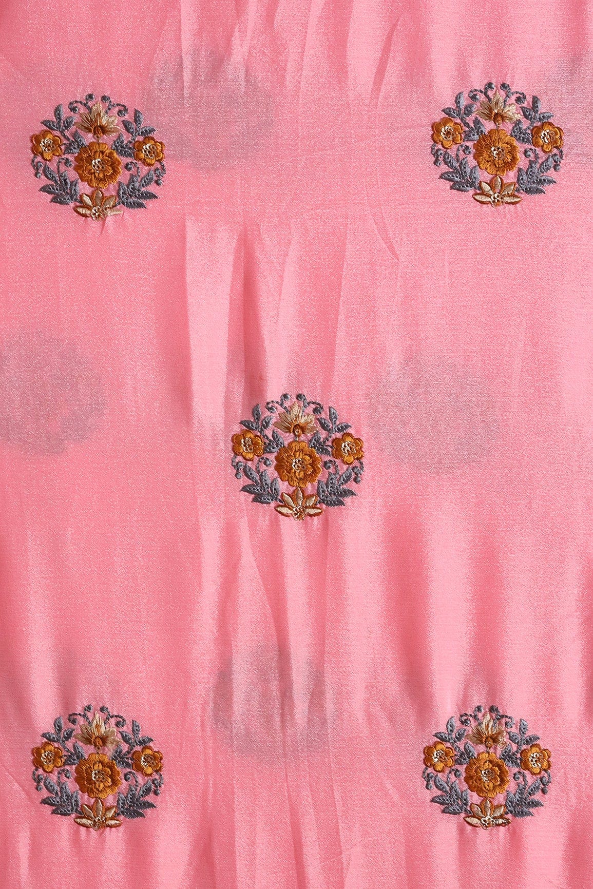 AIzaSyBcstauz-XMPRhEY21AUzeo032pxrXB5Ug - Brown And Grey Thread With Gold Sequins Floral Embroidery Work On Pink Chinnon Chiffon Fabric