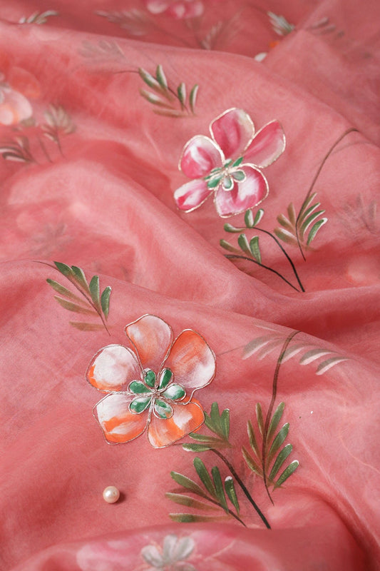 AIzaSyBcstauz-XMPRhEY21AUzeo032pxrXB5Ug - Beautiful Floral Hand Painted With Embroidery Work On Coral Pink Organza Fabric
