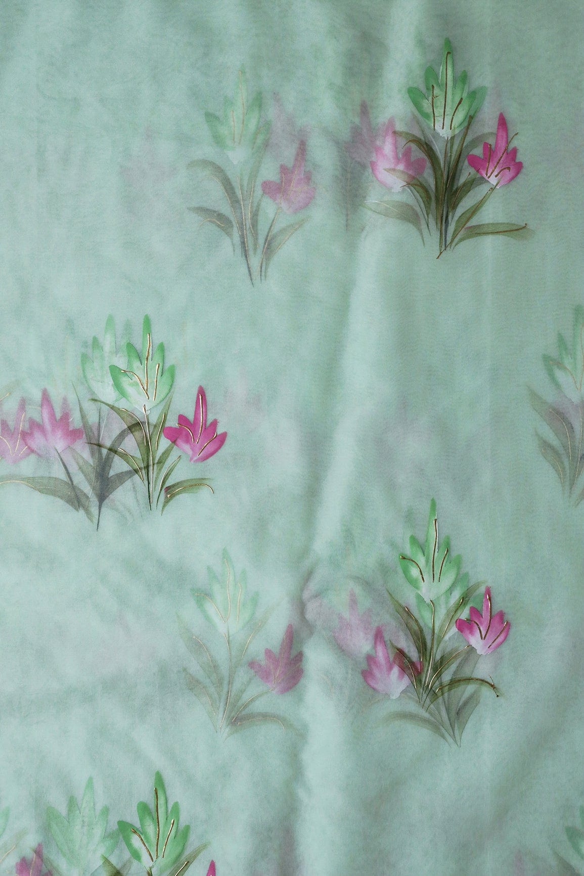 AIzaSyBcstauz-XMPRhEY21AUzeo032pxrXB5Ug - Floral Hand Painted With Foil Work On Olive Organza Fabric