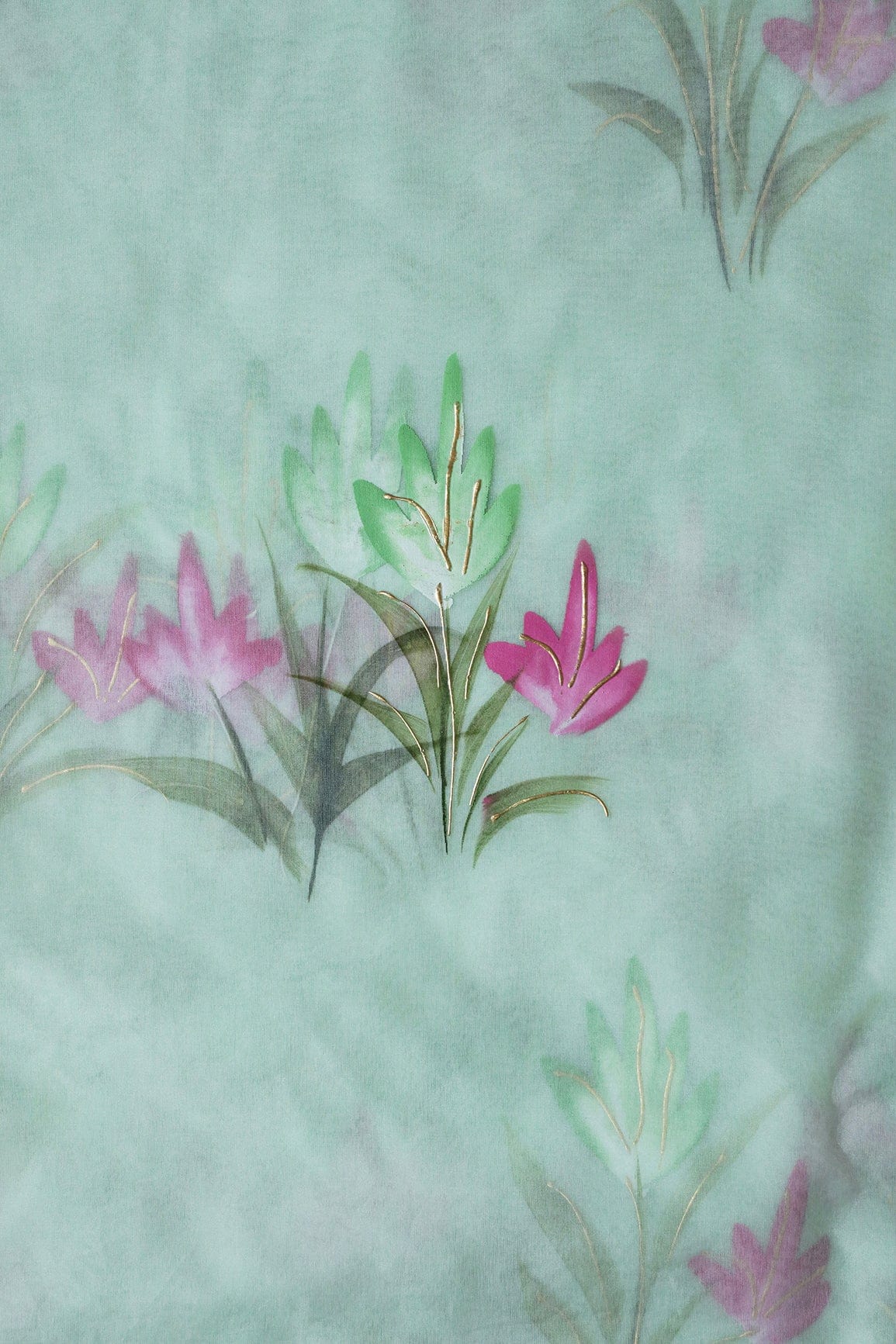 AIzaSyBcstauz-XMPRhEY21AUzeo032pxrXB5Ug - Floral Hand Painted With Foil Work On Olive Organza Fabric