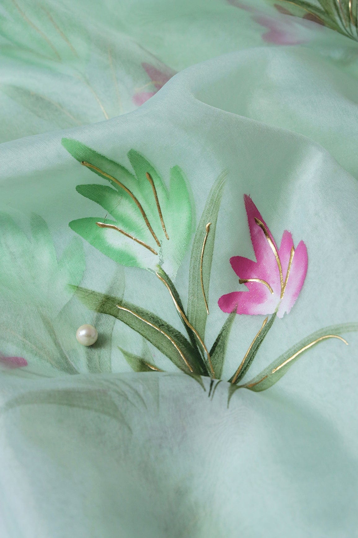 AIzaSyBcstauz-XMPRhEY21AUzeo032pxrXB5Ug - Floral Hand Painted With Foil Work On Olive Organza Fabric