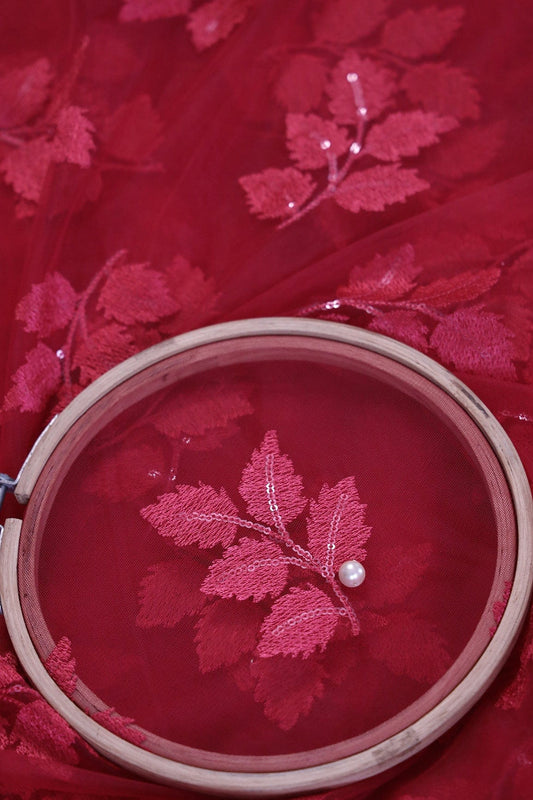 AIzaSyBcstauz-XMPRhEY21AUzeo032pxrXB5Ug - Cherry Red Thread With Sequins Leafy Embroidery Work On Cherry Red Soft Net Fabric
