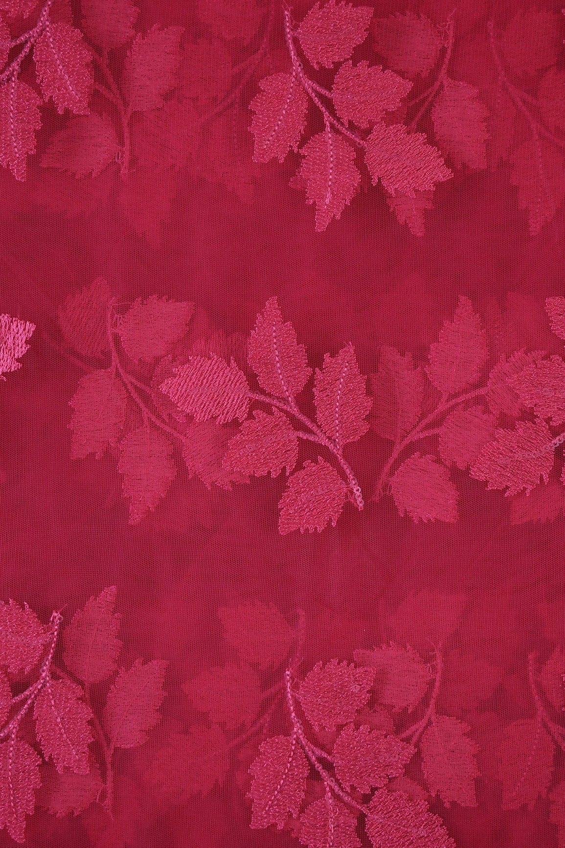 AIzaSyBcstauz-XMPRhEY21AUzeo032pxrXB5Ug - Cherry Red Thread With Sequins Leafy Embroidery Work On Cherry Red Soft Net Fabric