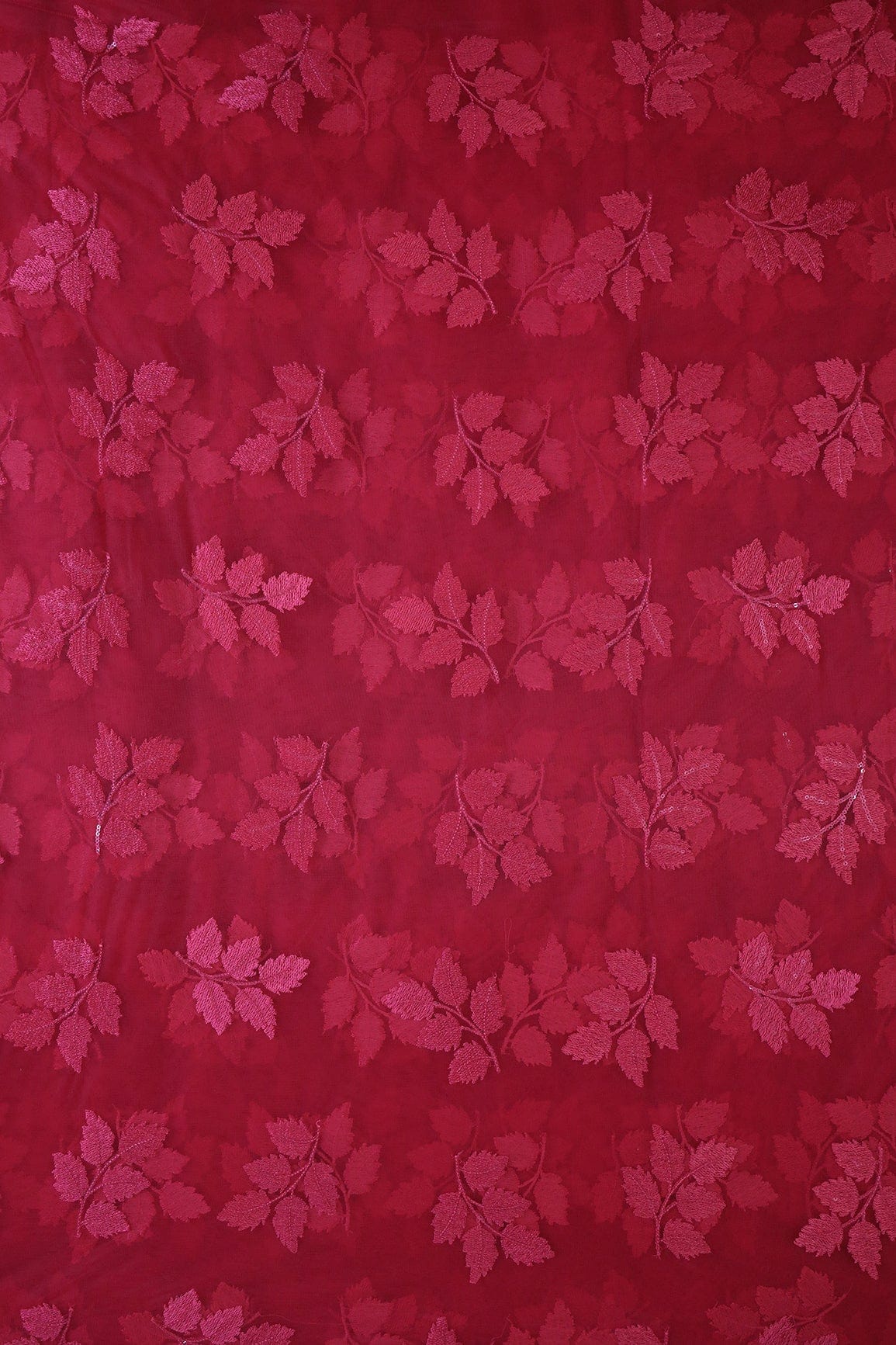 AIzaSyBcstauz-XMPRhEY21AUzeo032pxrXB5Ug - Cherry Red Thread With Sequins Leafy Embroidery Work On Cherry Red Soft Net Fabric