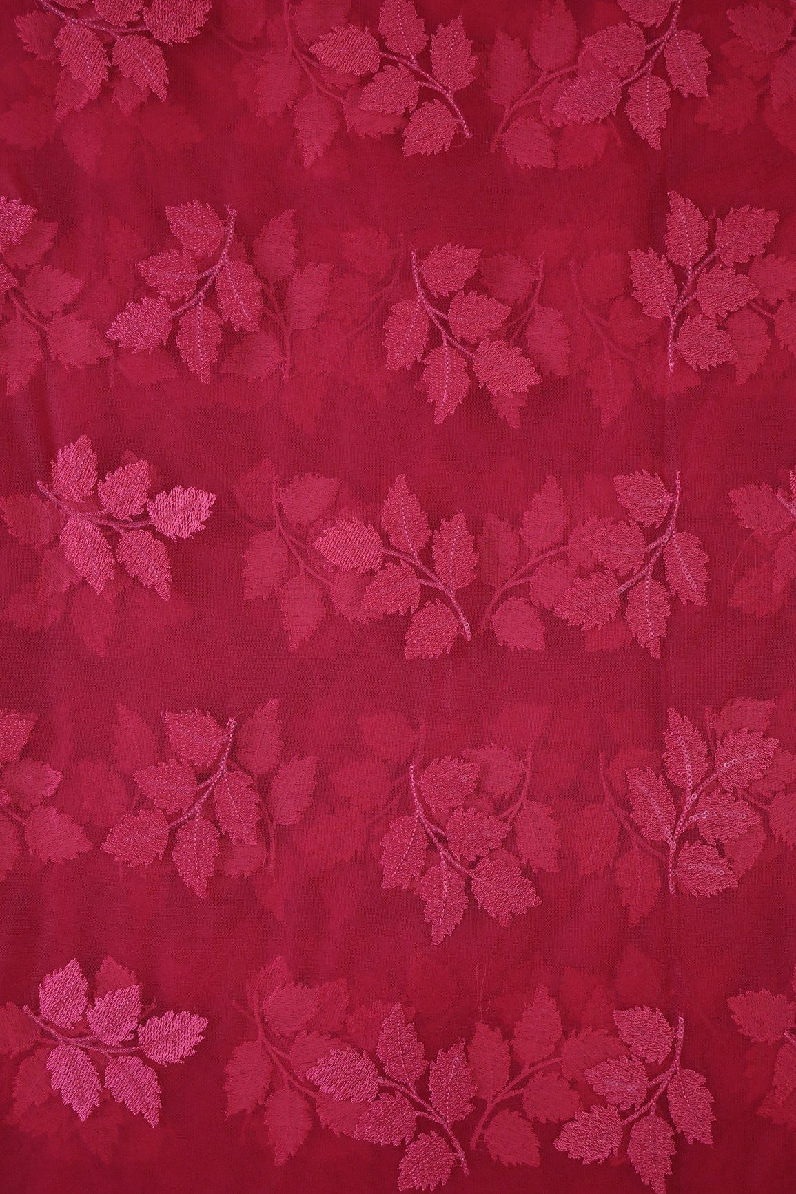AIzaSyBcstauz-XMPRhEY21AUzeo032pxrXB5Ug - Cherry Red Thread With Sequins Leafy Embroidery Work On Cherry Red Soft Net Fabric