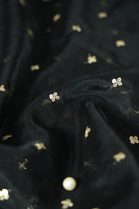 AIzaSyBcstauz-XMPRhEY21AUzeo032pxrXB5Ug - Gold Sequins Small Motif Embroidery Work On Black Organza Fabric