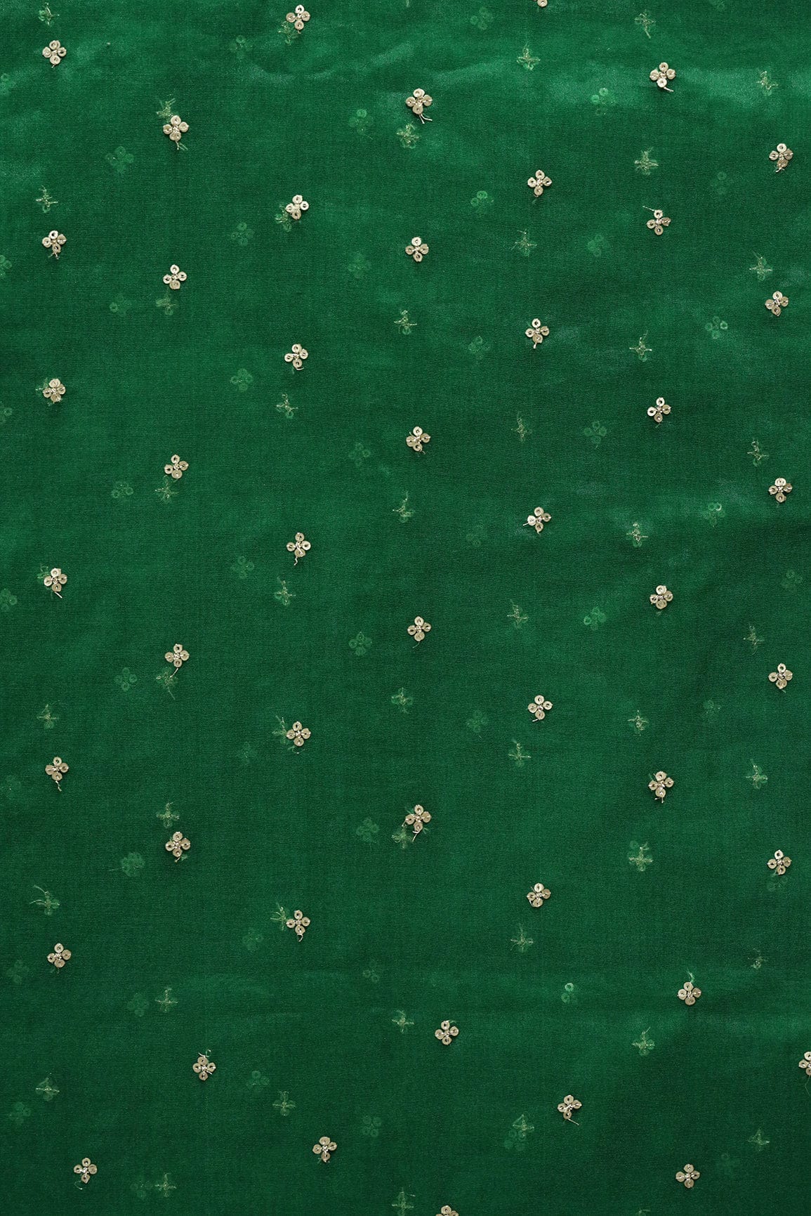 AIzaSyBcstauz-XMPRhEY21AUzeo032pxrXB5Ug - Gold Sequins Small Motif Embroidery Work On Bottle Green Organza Fabric