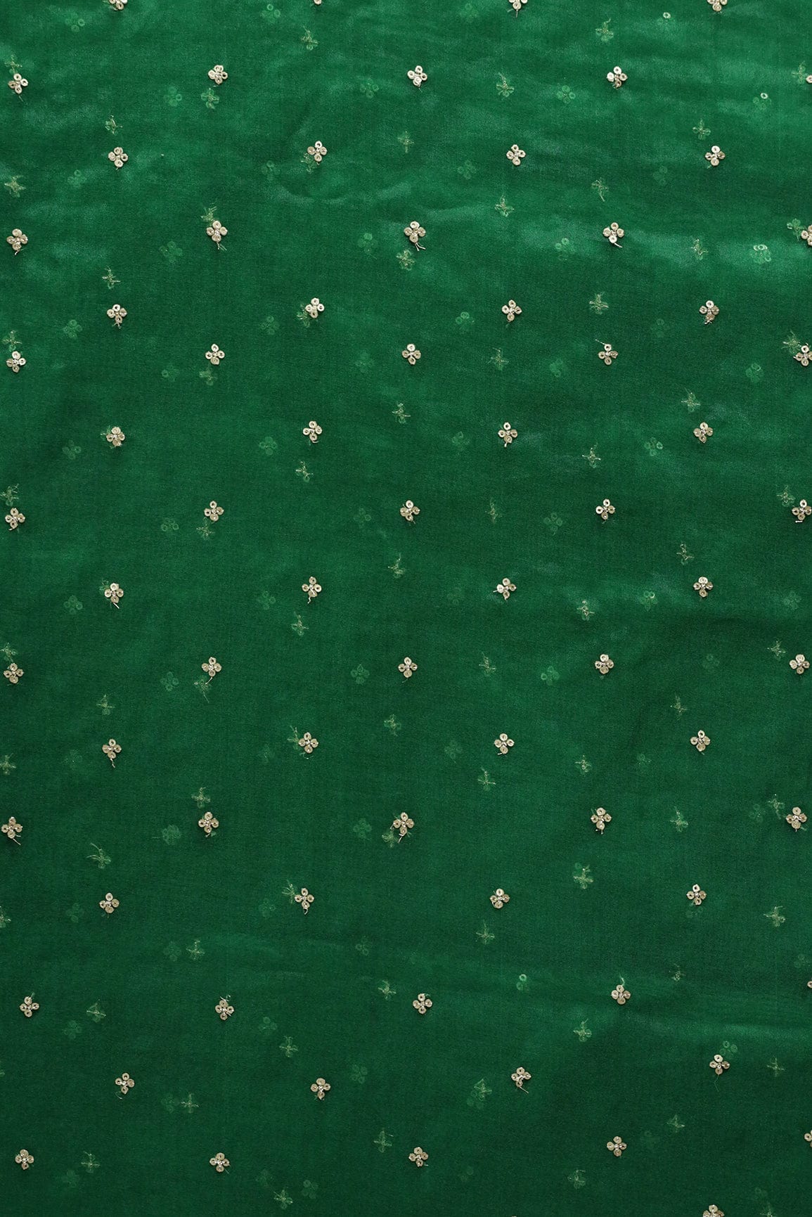AIzaSyBcstauz-XMPRhEY21AUzeo032pxrXB5Ug - Gold Sequins Small Motif Embroidery Work On Bottle Green Organza Fabric