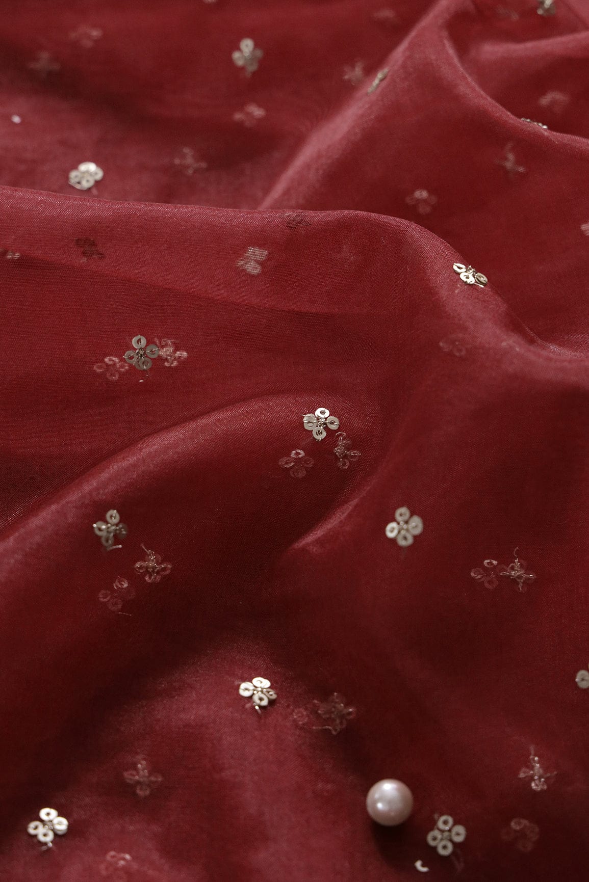 AIzaSyBcstauz-XMPRhEY21AUzeo032pxrXB5Ug - Gold Sequins Small Motif Embroidery Work On Maroon Organza Fabric