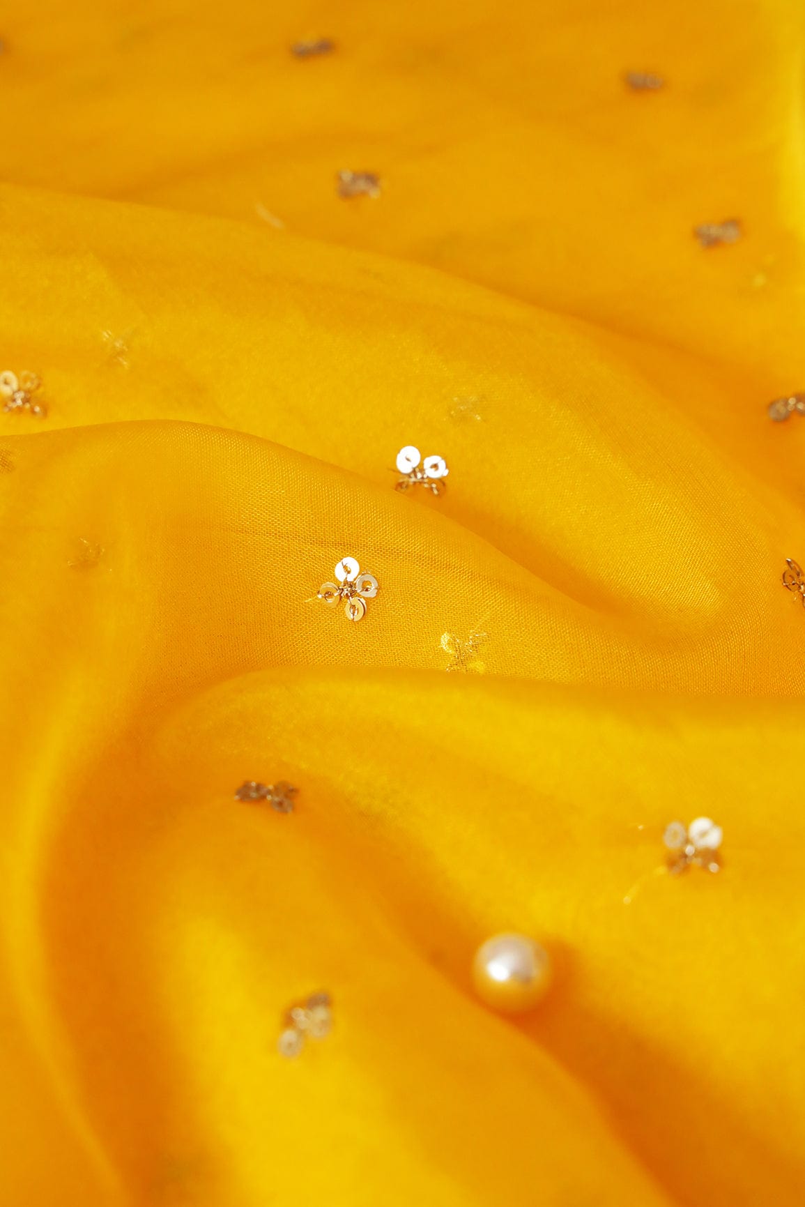 AIzaSyBcstauz-XMPRhEY21AUzeo032pxrXB5Ug - Gold Sequins Small Motif Embroidery Work On Yellow Organza Fabric