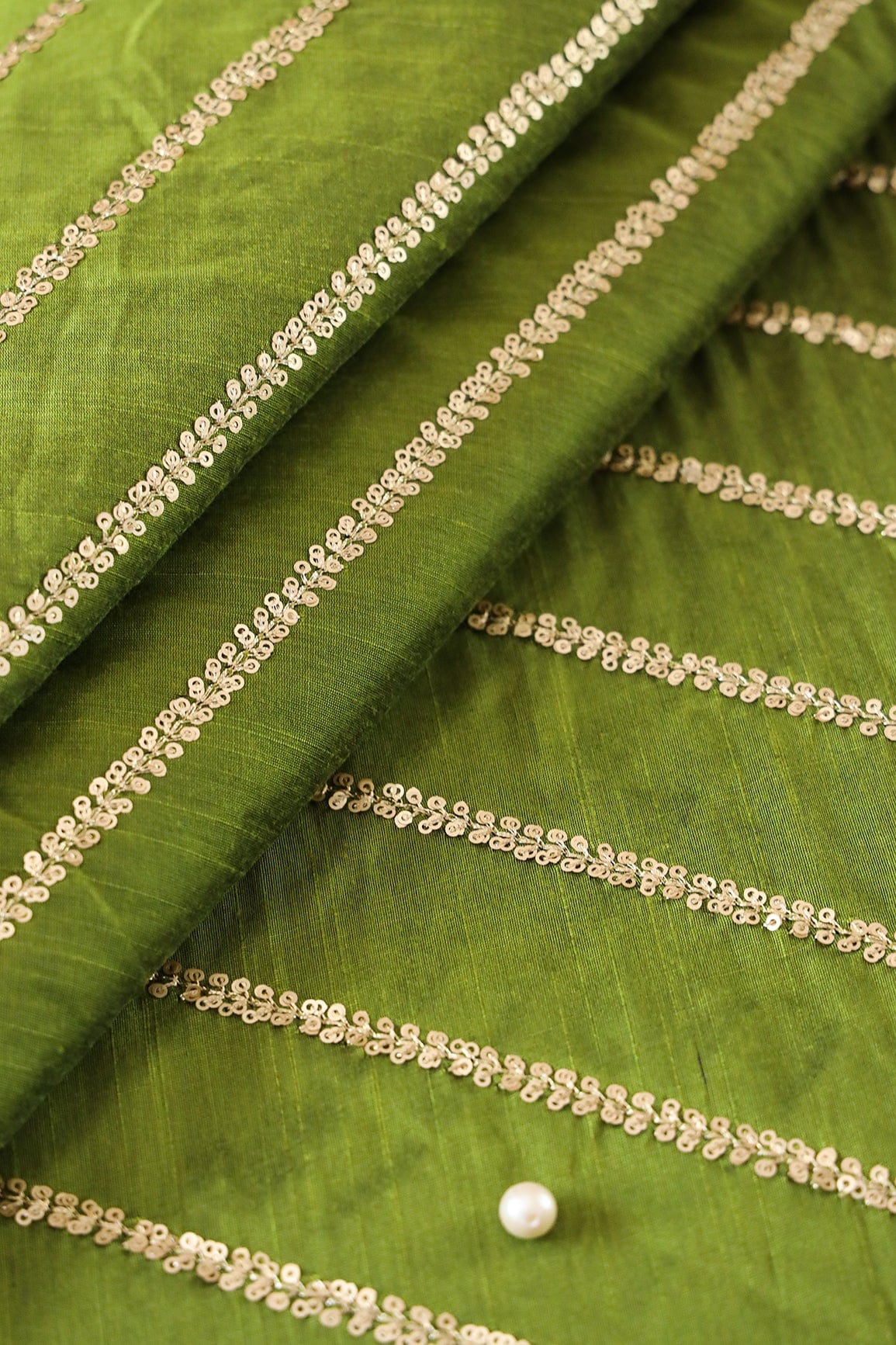 AIzaSyBcstauz-XMPRhEY21AUzeo032pxrXB5Ug - Gold Sequins With Gold Zari Stripes Embroidery Work On Dark Olive Raw Silk Fabric