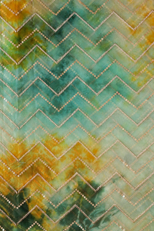 AIzaSyBcstauz-XMPRhEY21AUzeo032pxrXB5Ug - Gold Zari With Gold Sequins Chevron Embroidery Work On Tie & Dye Teal And Green Organza Fabric