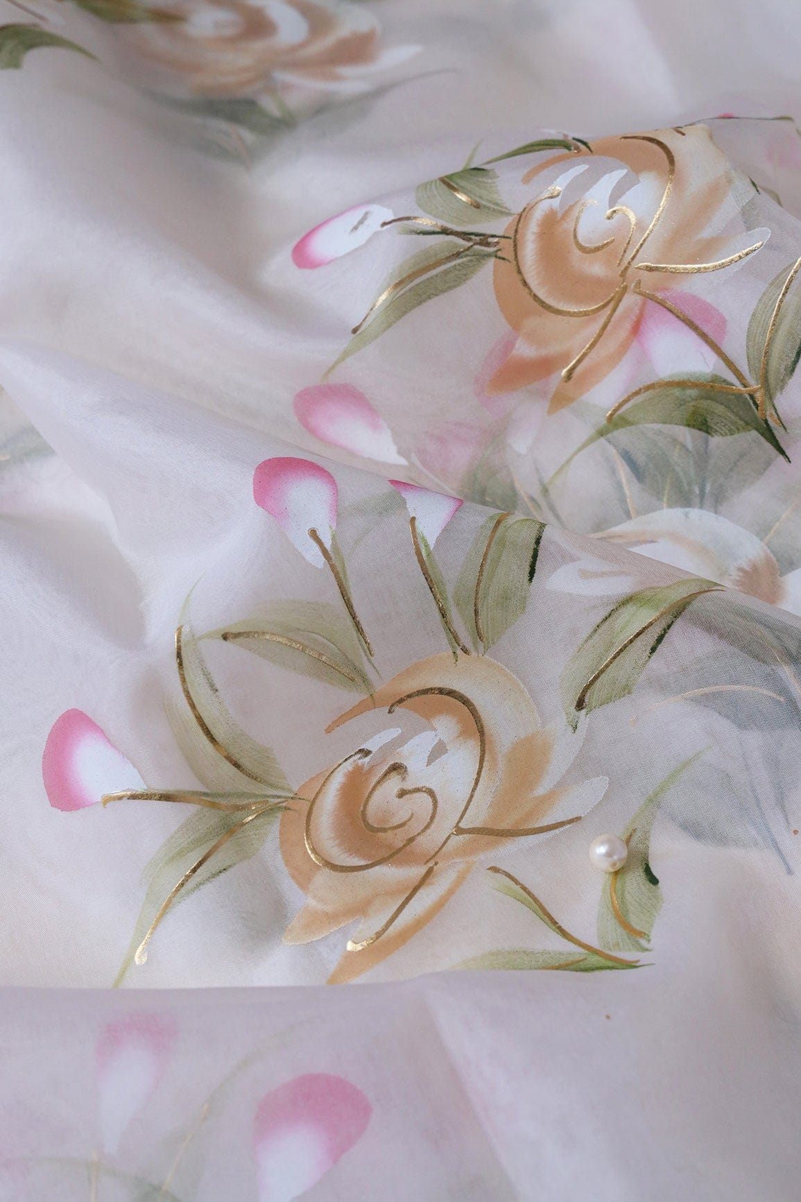 AIzaSyBcstauz-XMPRhEY21AUzeo032pxrXB5Ug - Gorgeous Floral Hand Painted With Foil Work On Cream Organza Fabric
