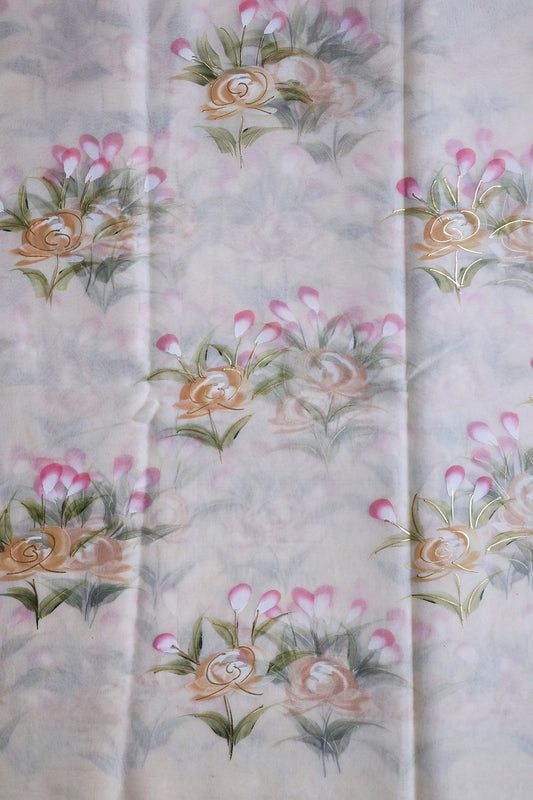 AIzaSyBcstauz-XMPRhEY21AUzeo032pxrXB5Ug - Gorgeous Floral Hand Painted With Foil Work On Cream Organza Fabric