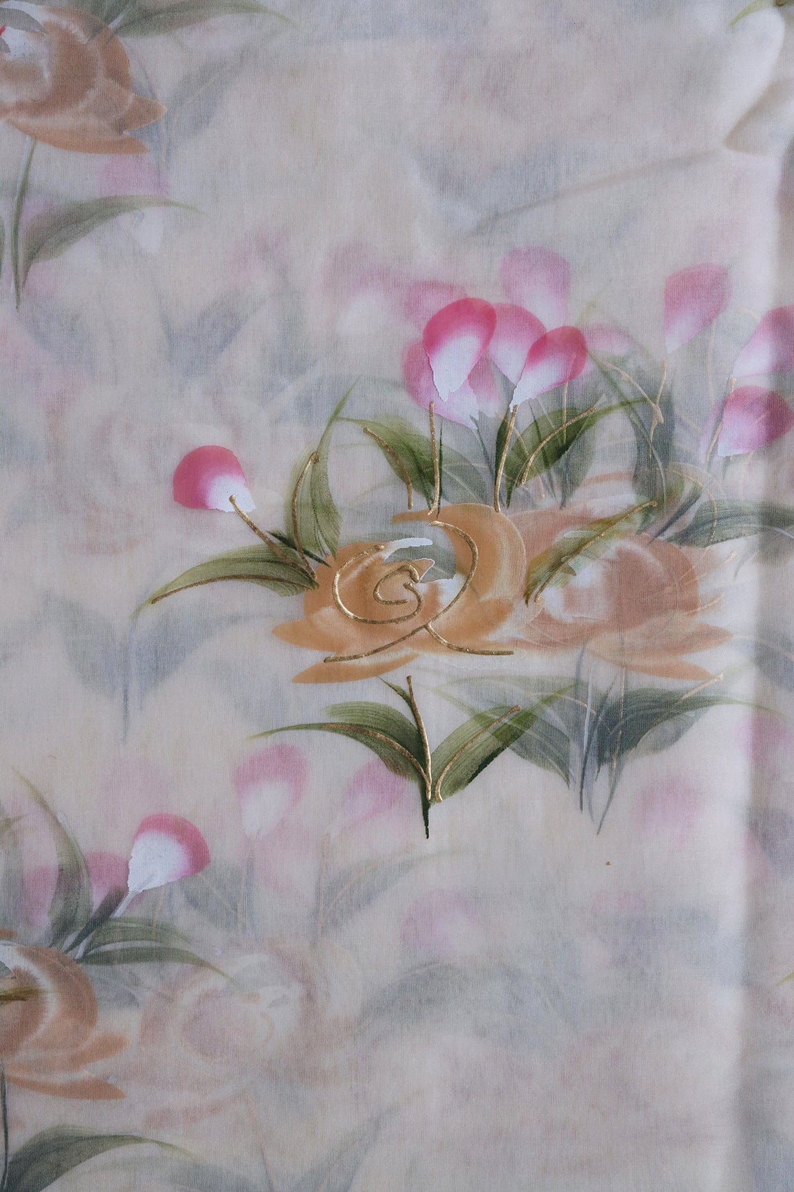AIzaSyBcstauz-XMPRhEY21AUzeo032pxrXB5Ug - Gorgeous Floral Hand Painted With Foil Work On Cream Organza Fabric