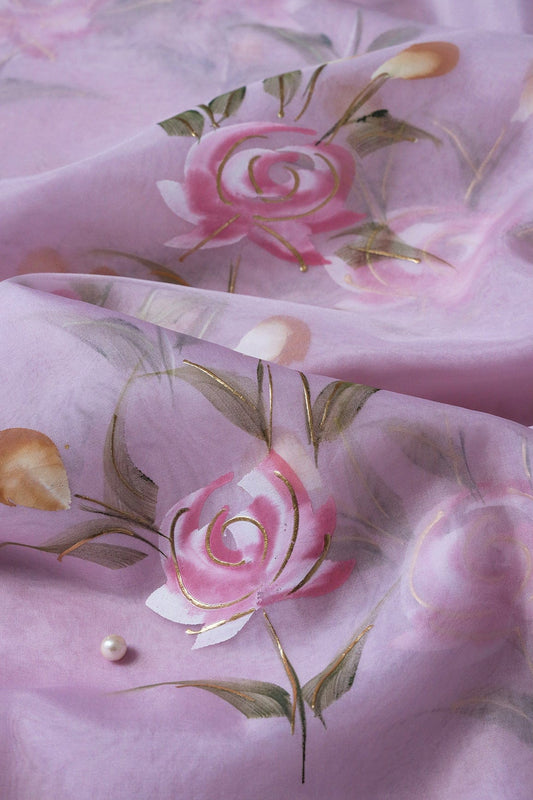 AIzaSyBcstauz-XMPRhEY21AUzeo032pxrXB5Ug - Gorgeous Floral Hand Painted With Foil Work On Light Lavender Organza Fabric