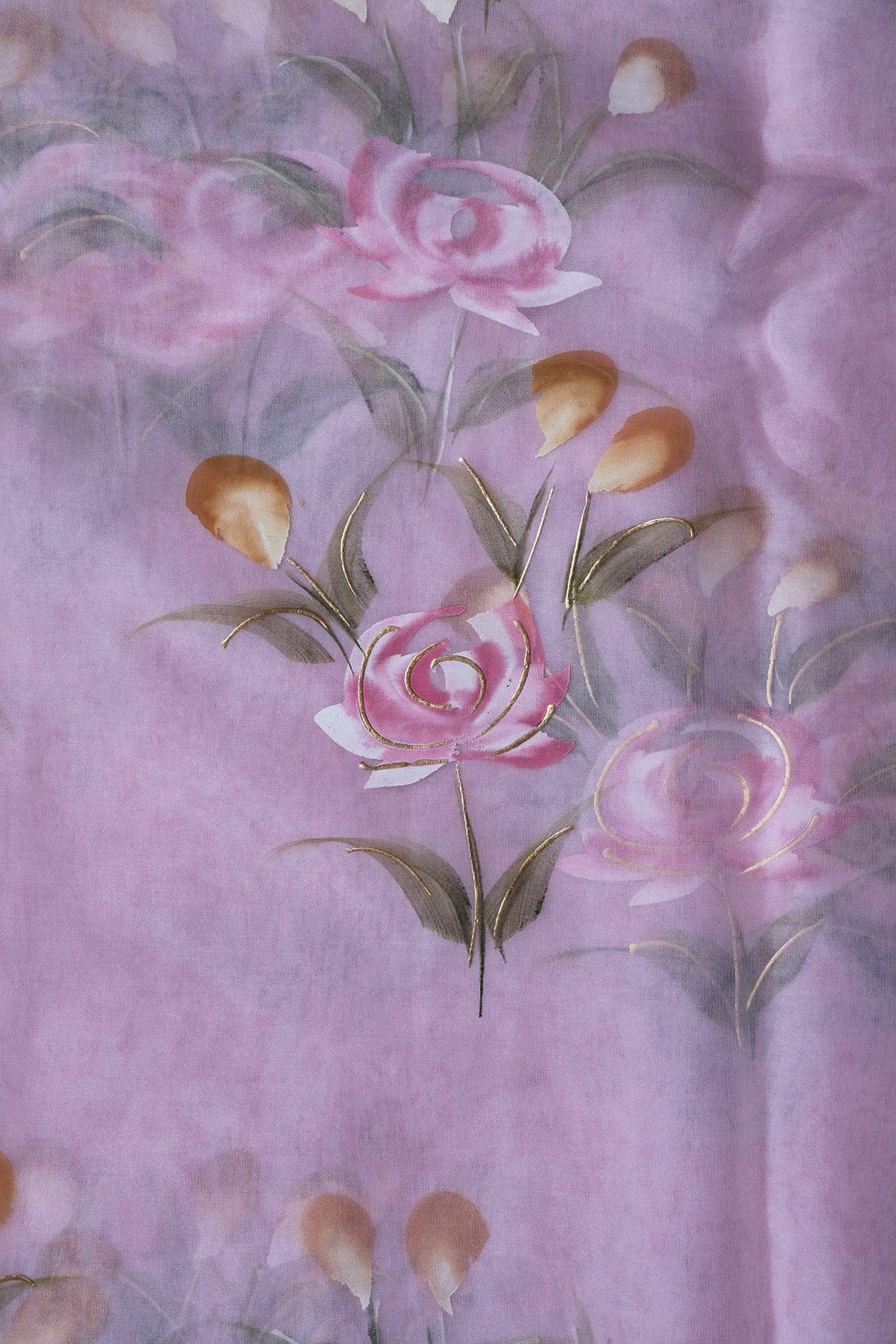 AIzaSyBcstauz-XMPRhEY21AUzeo032pxrXB5Ug - Gorgeous Floral Hand Painted With Foil Work On Light Lavender Organza Fabric