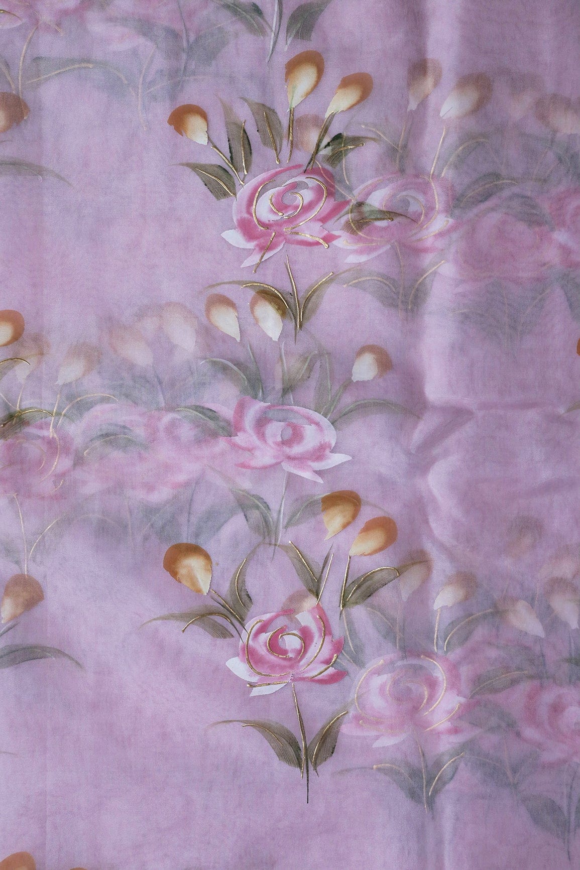AIzaSyBcstauz-XMPRhEY21AUzeo032pxrXB5Ug - Gorgeous Floral Hand Painted With Foil Work On Light Lavender Organza Fabric