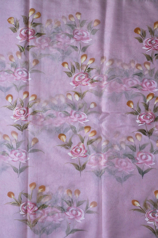 AIzaSyBcstauz-XMPRhEY21AUzeo032pxrXB5Ug - Gorgeous Floral Hand Painted With Foil Work On Light Lavender Organza Fabric
