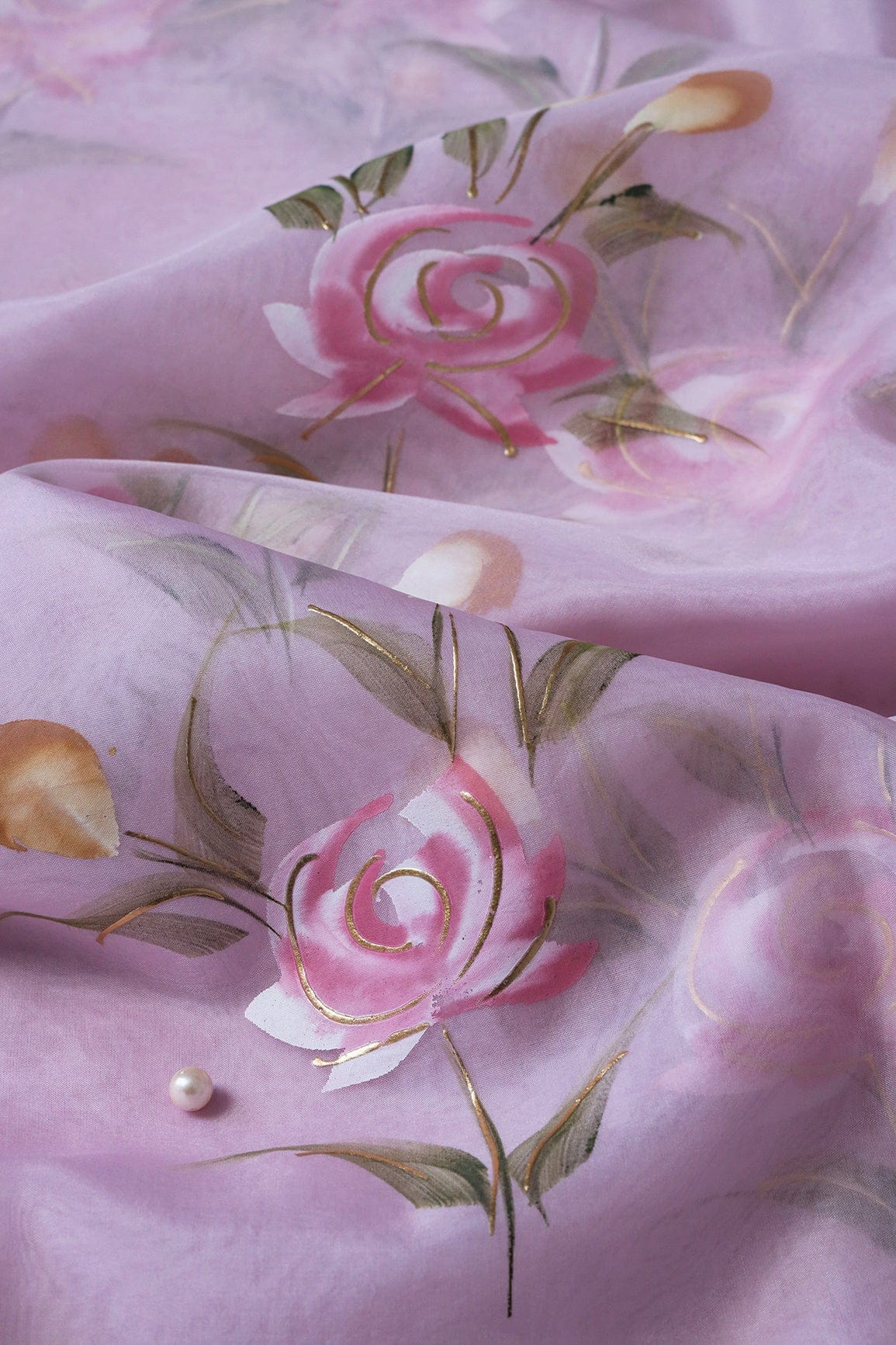 AIzaSyBcstauz-XMPRhEY21AUzeo032pxrXB5Ug - Gorgeous Floral Hand Painted With Foil Work On Light Lavender Organza Fabric