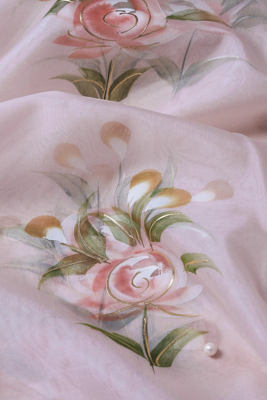 AIzaSyBcstauz-XMPRhEY21AUzeo032pxrXB5Ug - Gorgeous Floral Hand Painted With Foil Work On Light Peach Organza Fabric