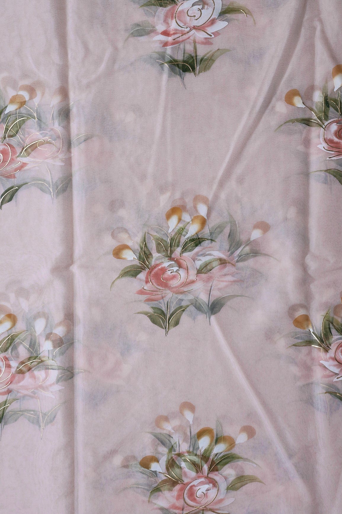 AIzaSyBcstauz-XMPRhEY21AUzeo032pxrXB5Ug - Gorgeous Floral Hand Painted With Foil Work On Light Peach Organza Fabric
