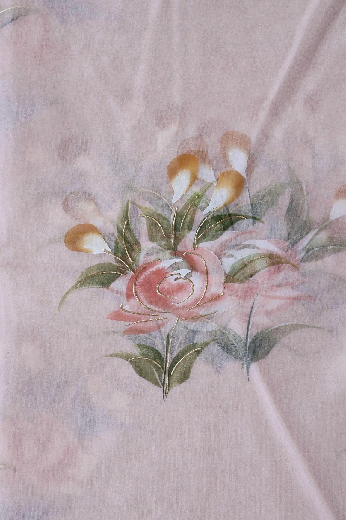 AIzaSyBcstauz-XMPRhEY21AUzeo032pxrXB5Ug - Gorgeous Floral Hand Painted With Foil Work On Light Peach Organza Fabric