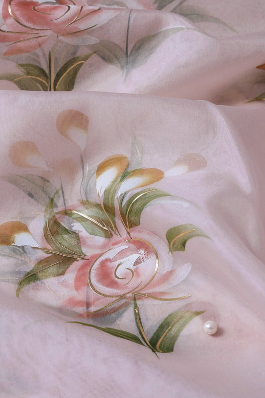AIzaSyBcstauz-XMPRhEY21AUzeo032pxrXB5Ug - Gorgeous Floral Hand Painted With Foil Work On Light Peach Organza Fabric