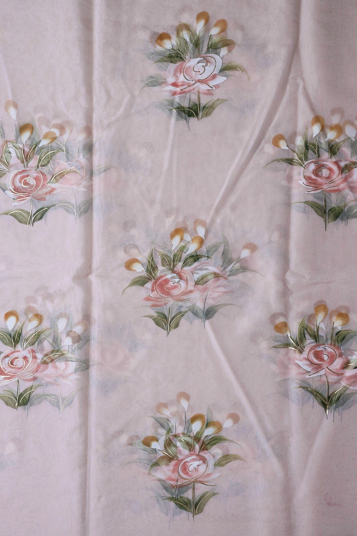 AIzaSyBcstauz-XMPRhEY21AUzeo032pxrXB5Ug - Gorgeous Floral Hand Painted With Foil Work On Light Peach Organza Fabric