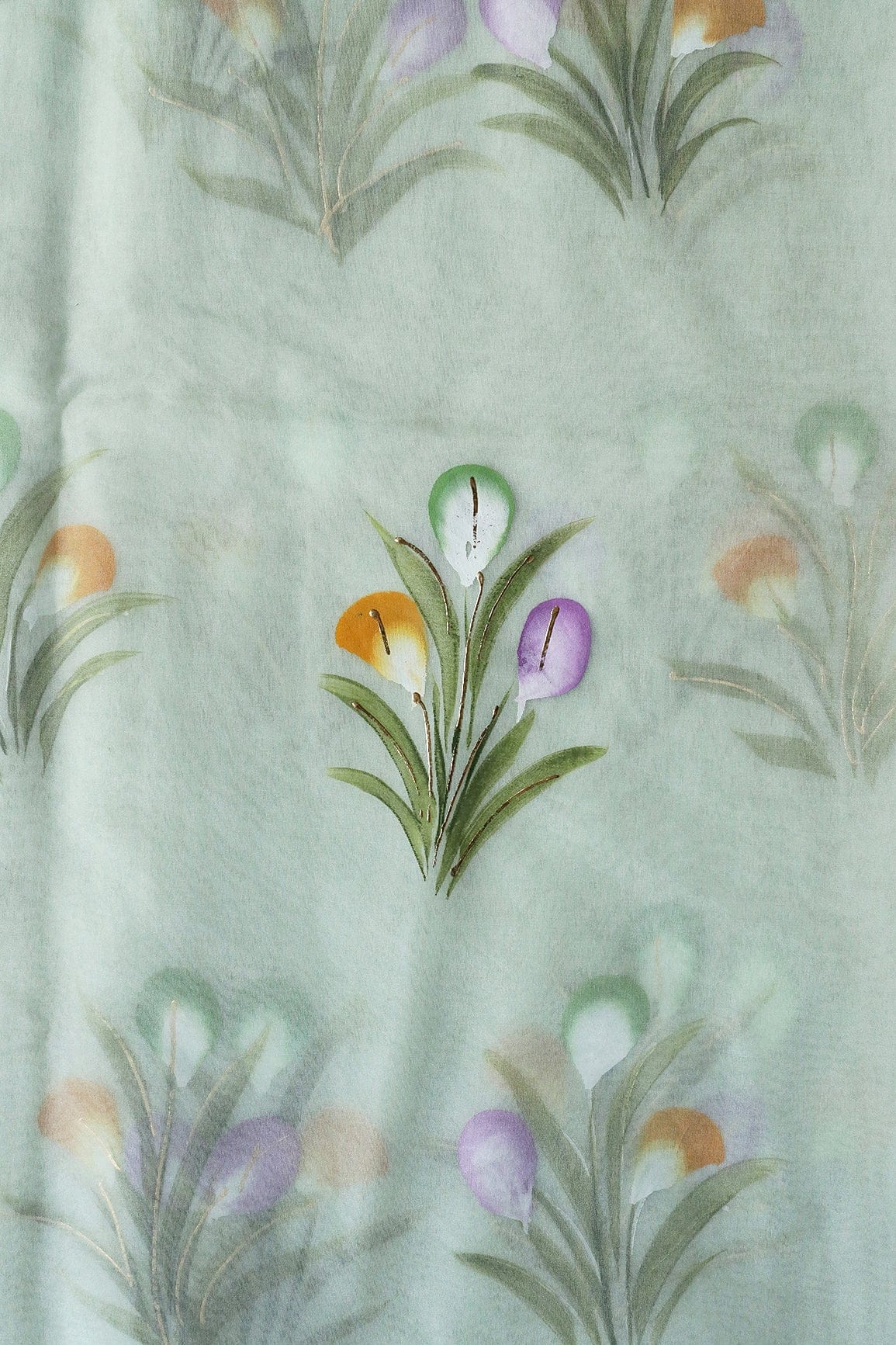 AIzaSyBcstauz-XMPRhEY21AUzeo032pxrXB5Ug - Gorgeous Floral Hand Painted With Foil Work On Sea Green Organza Fabric