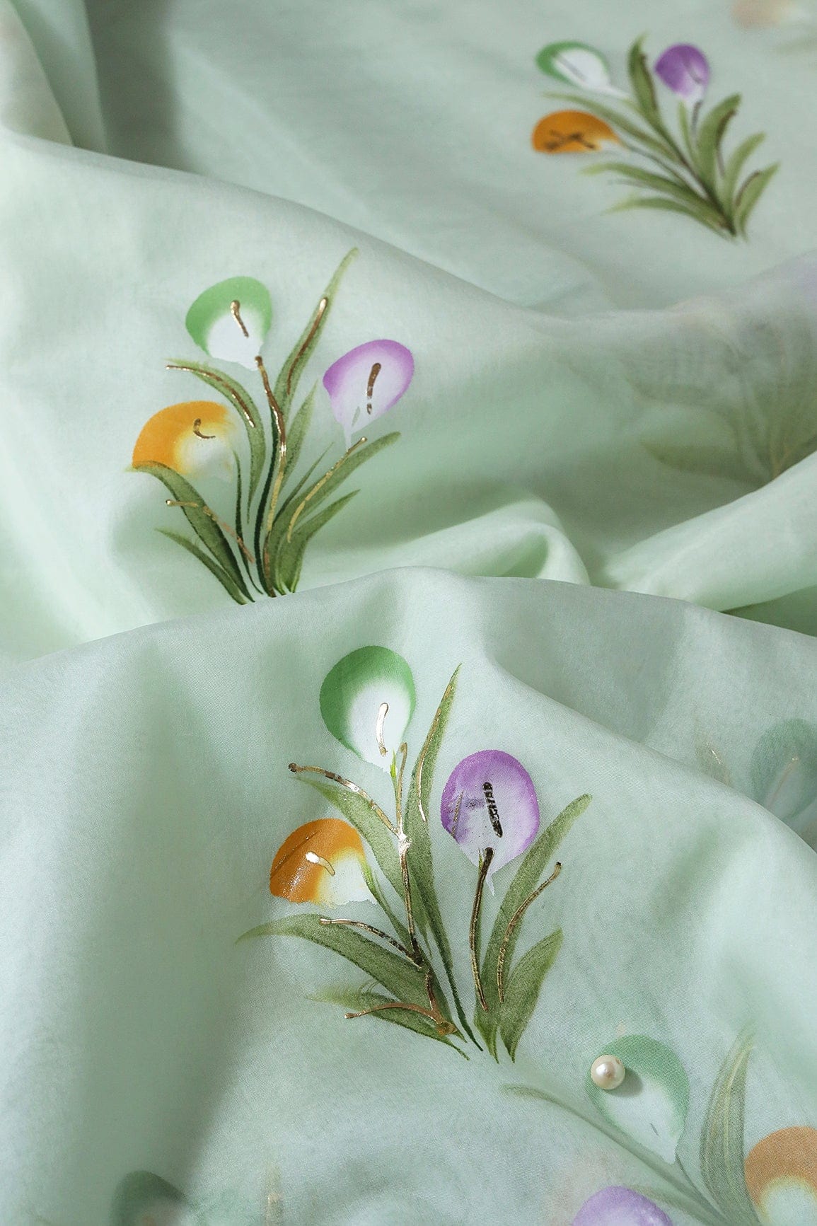 AIzaSyBcstauz-XMPRhEY21AUzeo032pxrXB5Ug - Gorgeous Floral Hand Painted With Foil Work On Sea Green Organza Fabric