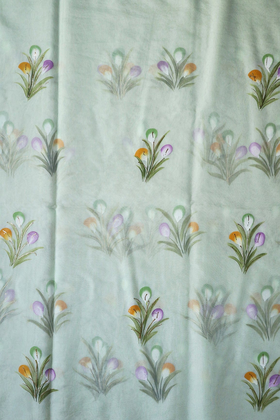AIzaSyBcstauz-XMPRhEY21AUzeo032pxrXB5Ug - Gorgeous Floral Hand Painted With Foil Work On Sea Green Organza Fabric